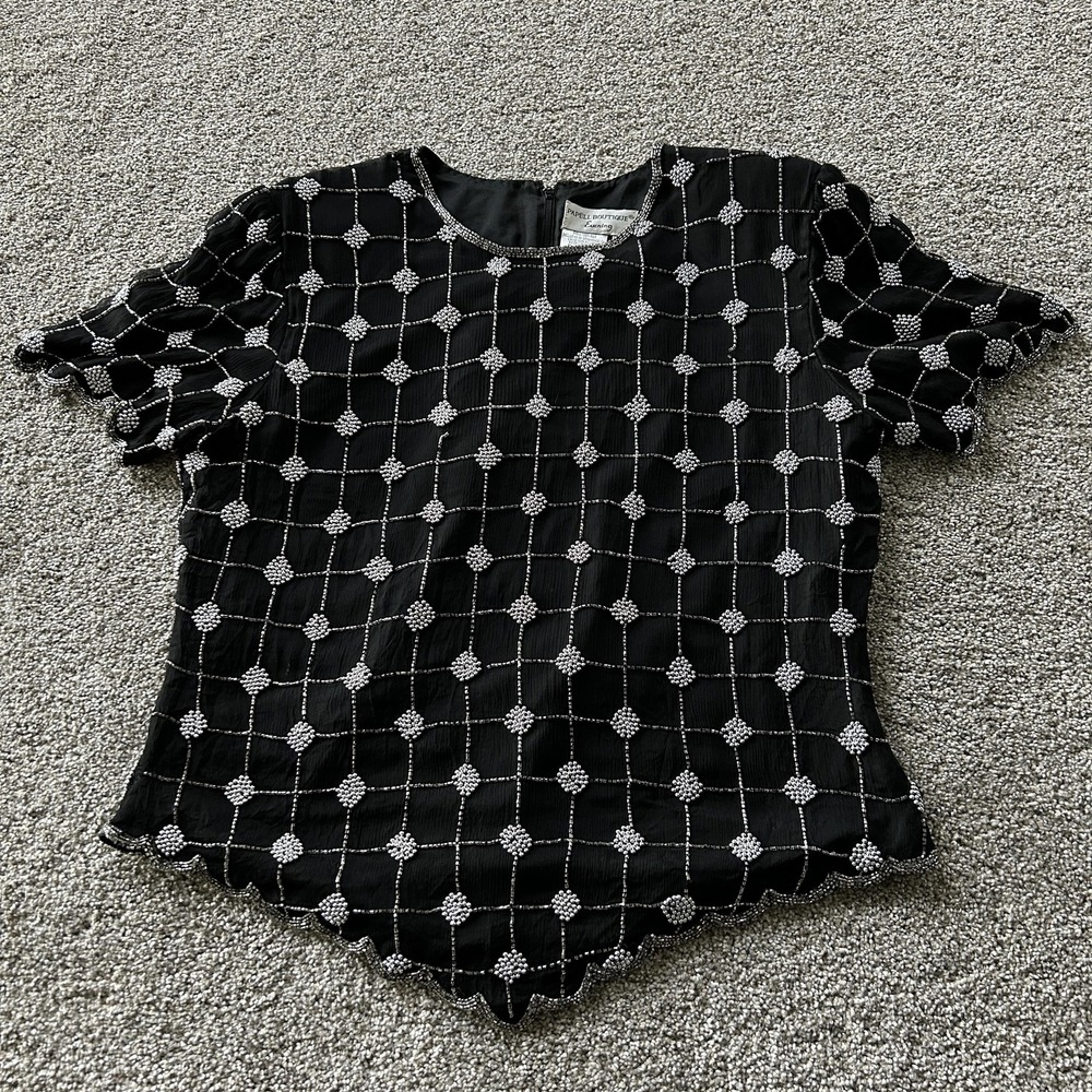 Vintage Papell Boutique Blouse Womens XL Black Beaded Silk Evening Short Sleeve
